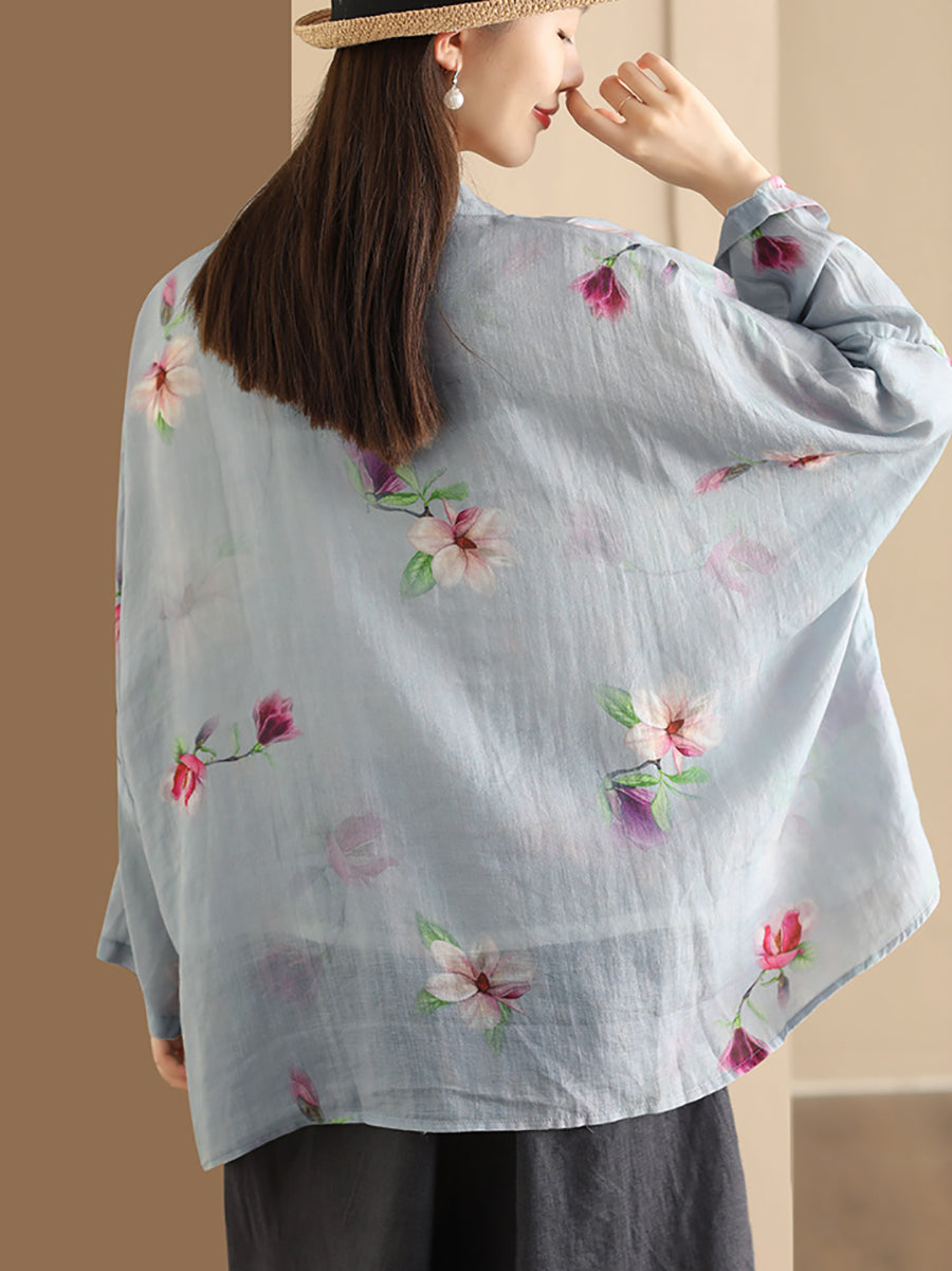 Women Summer Artsy Flower Button-Up Ramie Shirt HH016