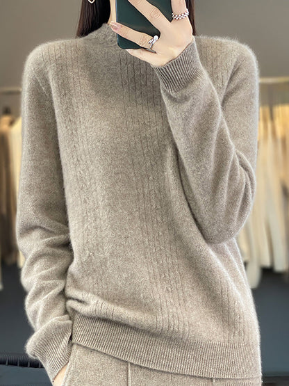 Damen Herbst Pullover mit Zopfmuster, 100% Wolle, halblang, Rollkragen, QN028