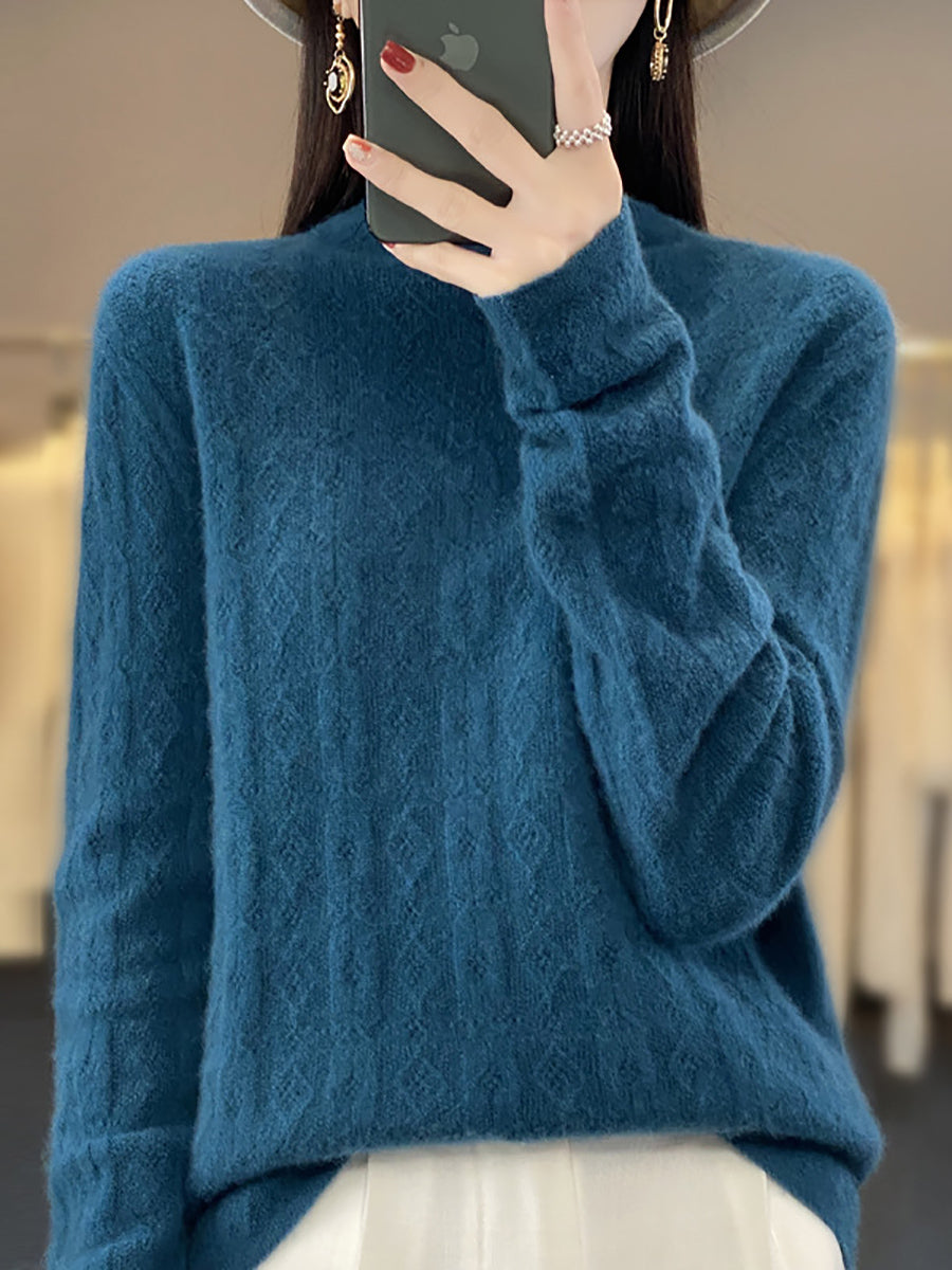 Women Autumn Casual Turtleneck 100%Wool Knit Sweater QU028