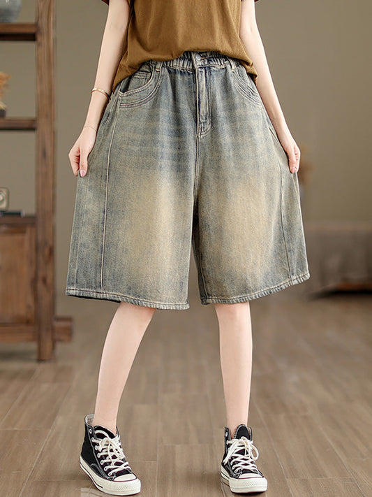 Women Summer Worn Denim Wide-leg Fifth Pants CC037