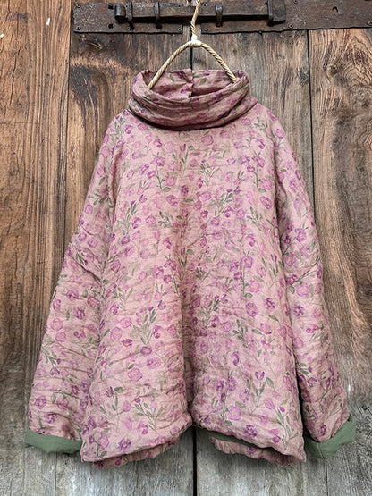 Damen Vintage Herbst Floral Rollkragen Ramie Gepolsterter Mantel QM029