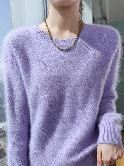 Women Autumn O-Neck Solid Rhomboids Wool Warm Knit Sweater AV1010