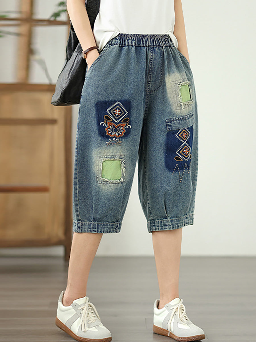 Denim Flower Retro Embroidery Fifth Women Pants Patchwork