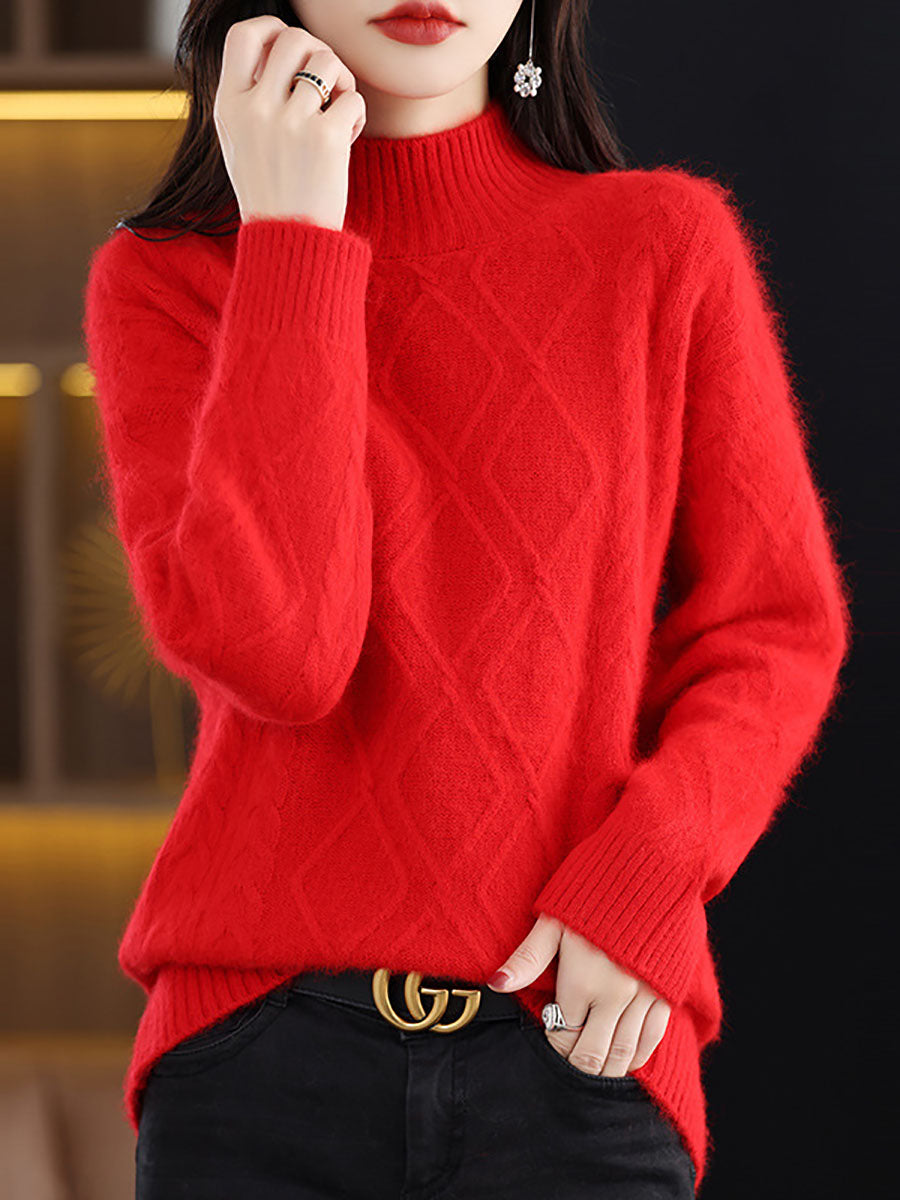 Women Autumn Half Turtleneck Wool Rhombiods Knit Sweater AV1027