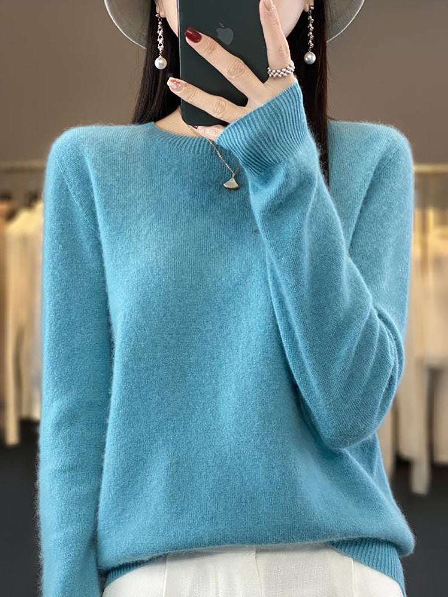 Women Autumn Solid Knit 100%Wool O-Neck Sweater WU023