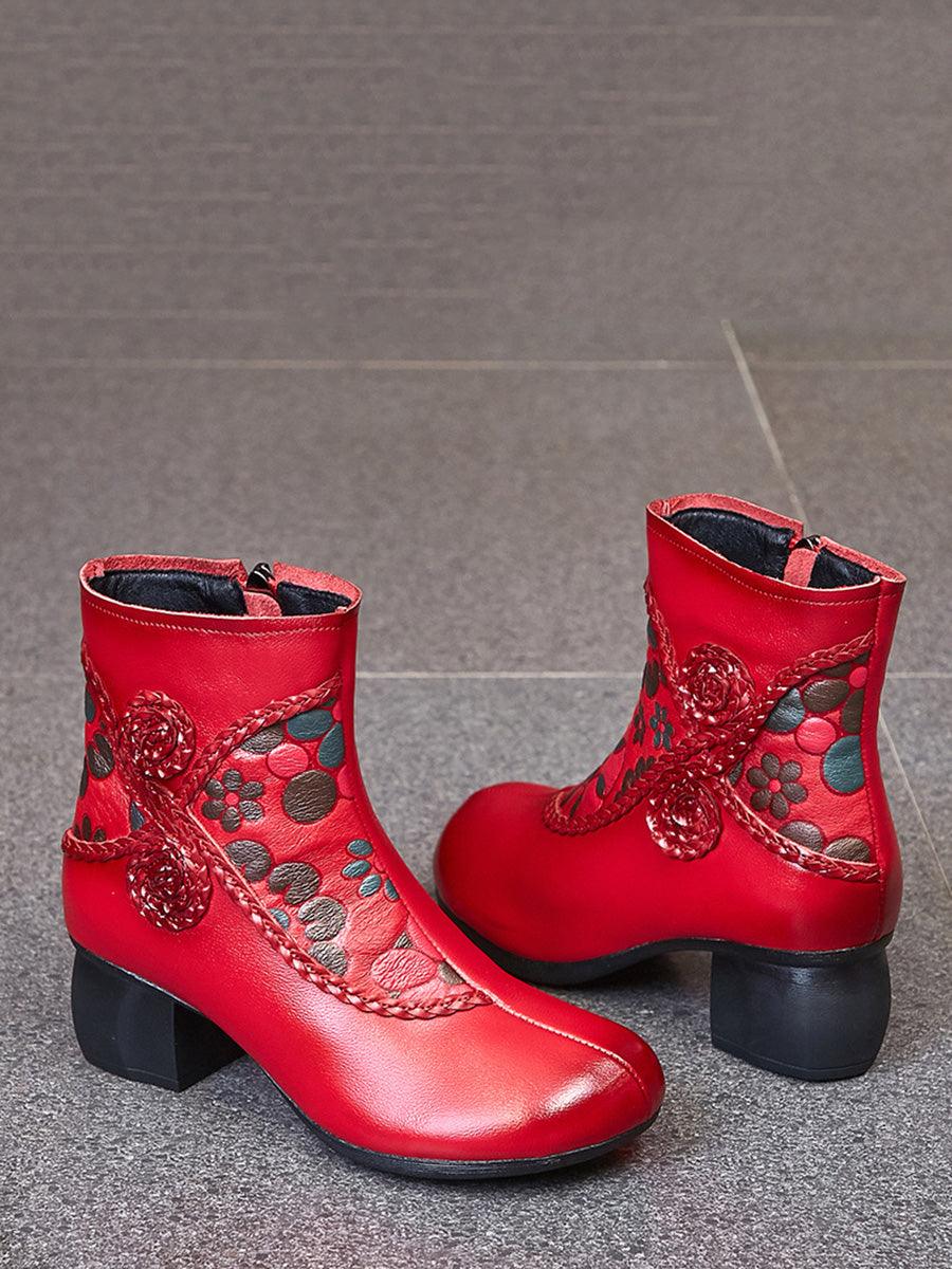 Bottes d'hiver ethniques à talons mi-hauts en cuir épissé à fleurs pour femmes AI1013