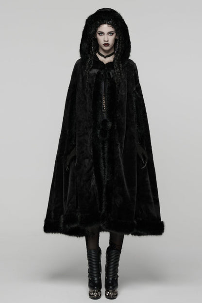 Women's Hooded Gothic Cloak Coat with Faux Fur Splicing Detail