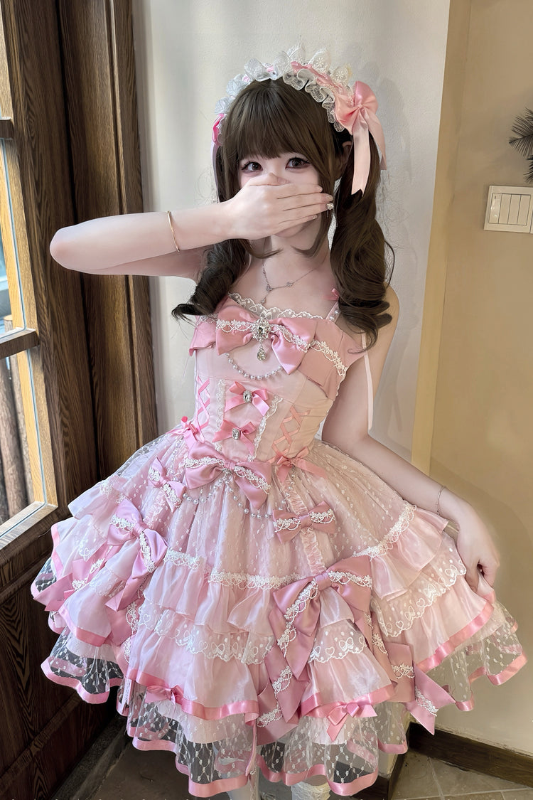 Blush Sleeveless Triple-Tier Ruffle Bow Lace Ballerina JSK - Gem Love