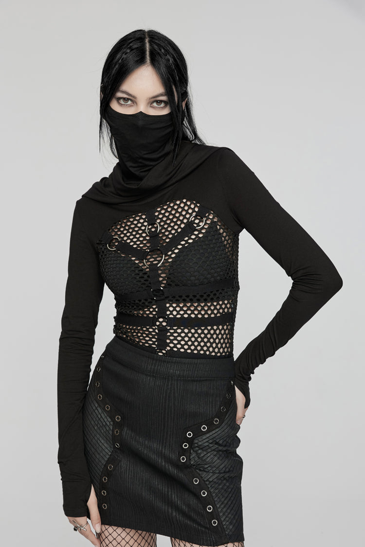 Ebony Long-Sleeve Hooded Sheer Punk Tee
