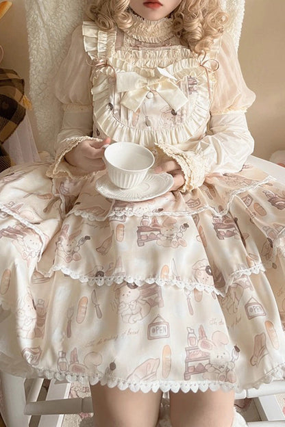 Plus Size Sweet Lolita JSK Gown with Triple-Layer Ruffles & Printed Bow