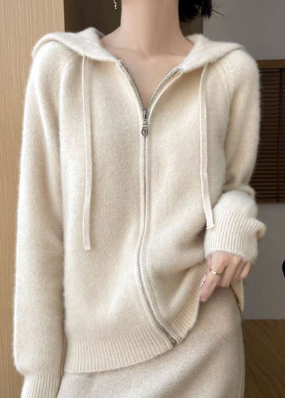 Elegant Beige Hooded Zippered Solid Cotton Knit Coat Fall QX027