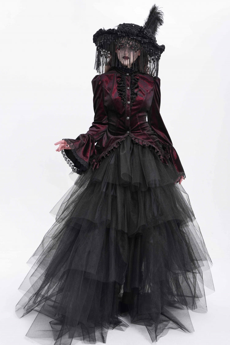 Crimson High-Neck Gothic Ruffled Blouse with Flared Sleeves and Tail Hem