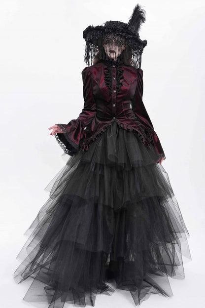 Crimson High-Neck Gothic Ruffled Blouse with Flared Sleeves and Tail Hem