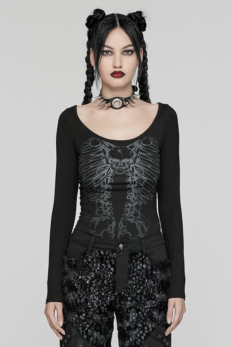 Dark Skeleton-Print Long-Sleeve Top for Women