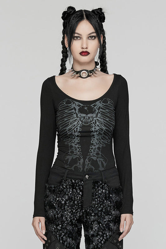 Dark Skeleton-Print Long-Sleeve Top for Women