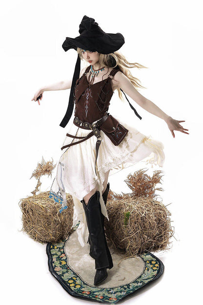 Dune Shadow Seeker Irregular Vintage Lolita Skirt Set - Embroidered Ruffled