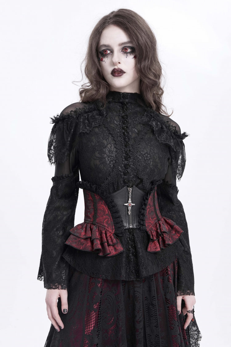 Crimson & Charcoal Spliced Lace Laced Slim Zippered Goth Palace Corset