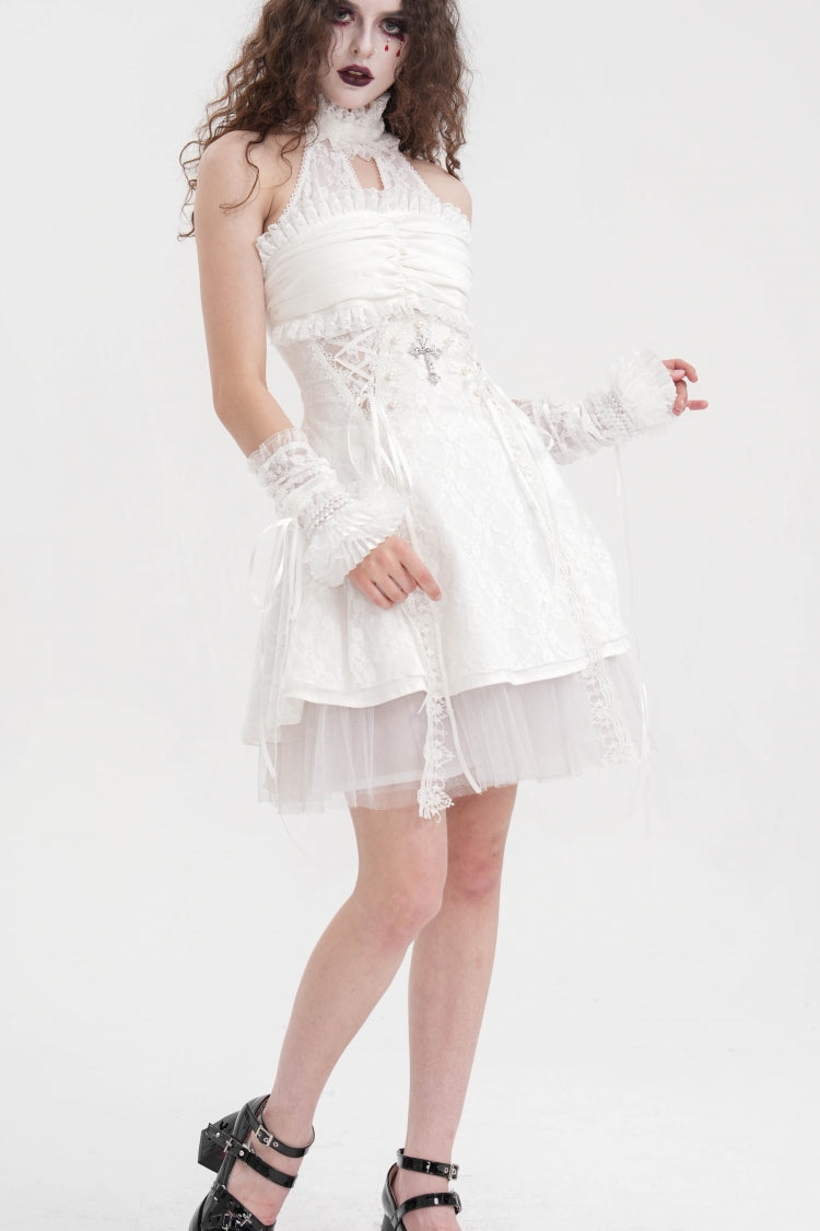 Ivory Bow Lace-Up Mesh Eyelet Gothic Palace Arm Sleeves