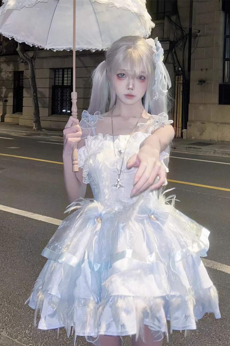 Ballet-Inspired Multi-Layer Ruffle JSK Dress with Bowknot in Three Hues - EtherealGrace