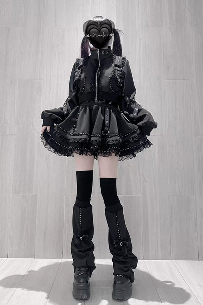 Japanese Handsome Skirt Set with Ruffled Lace and Zipper in Black