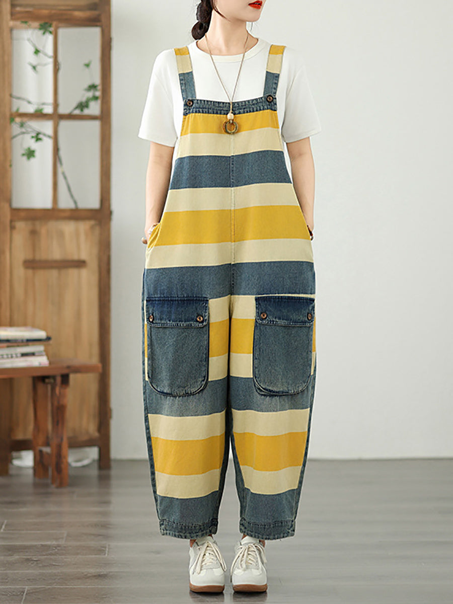 Summer Colorblock Women Loose Denim Stripe Jumpsuits