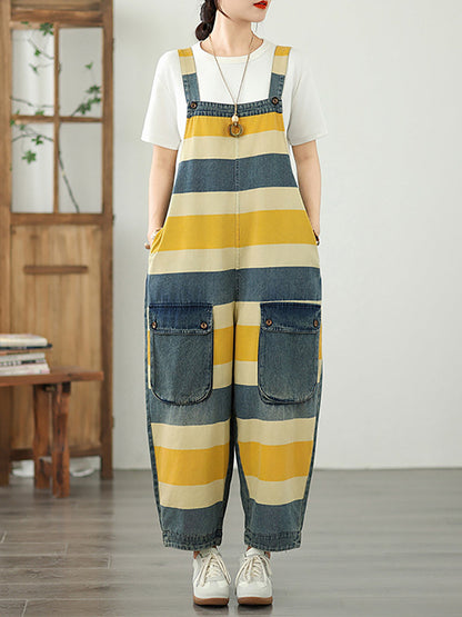 Summer Colorblock Women Loose Denim Stripe Jumpsuits
