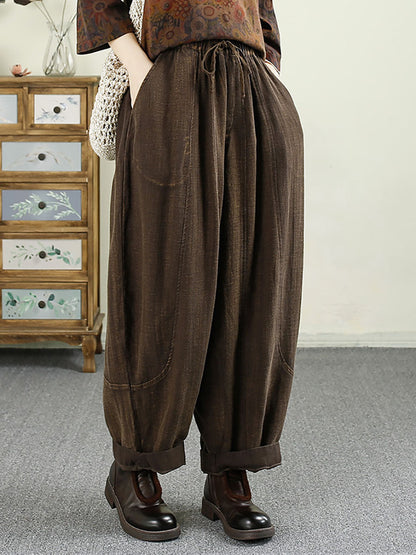 Women Autumn Vintage Solid Pocket Linen Harem Pants AV1031