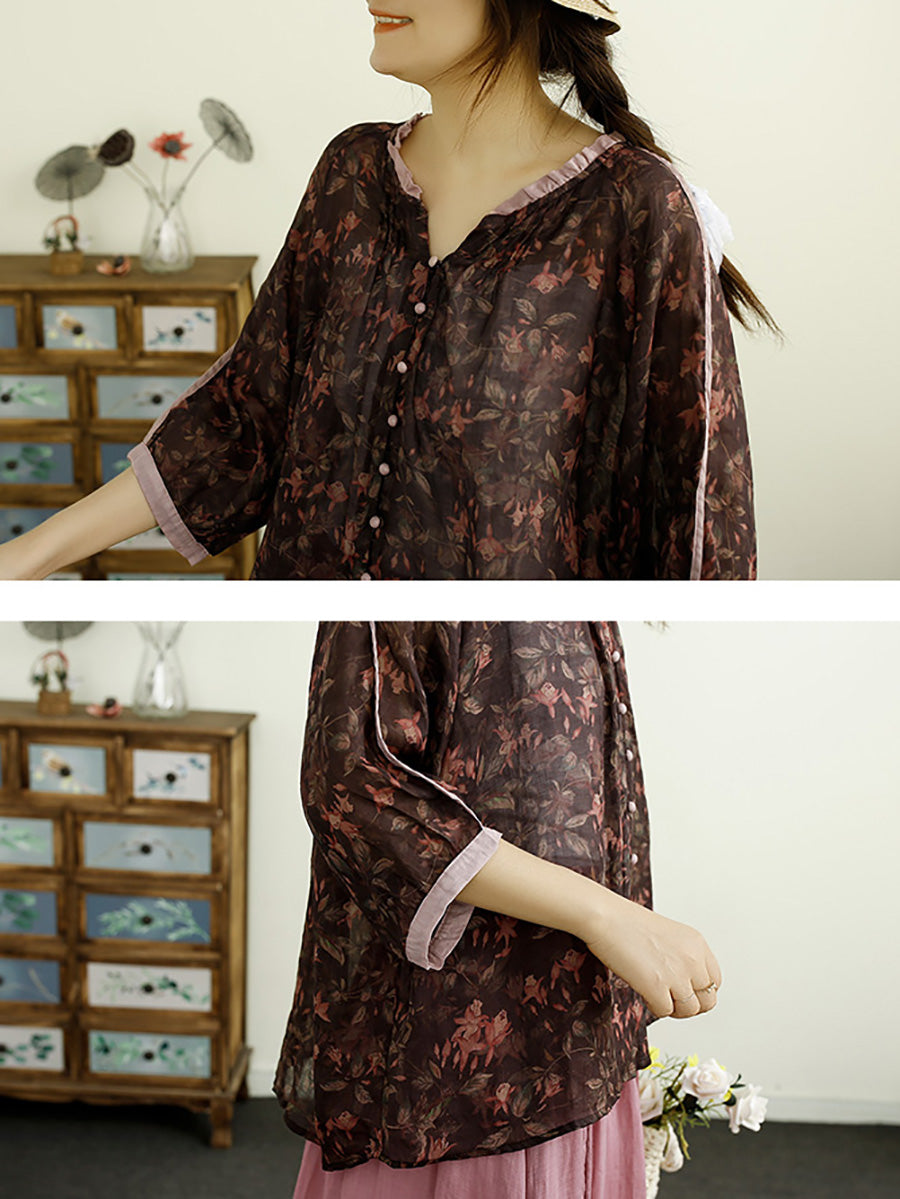 Women Summer Vintage Floral Button-up Ramie Shirt PP1012