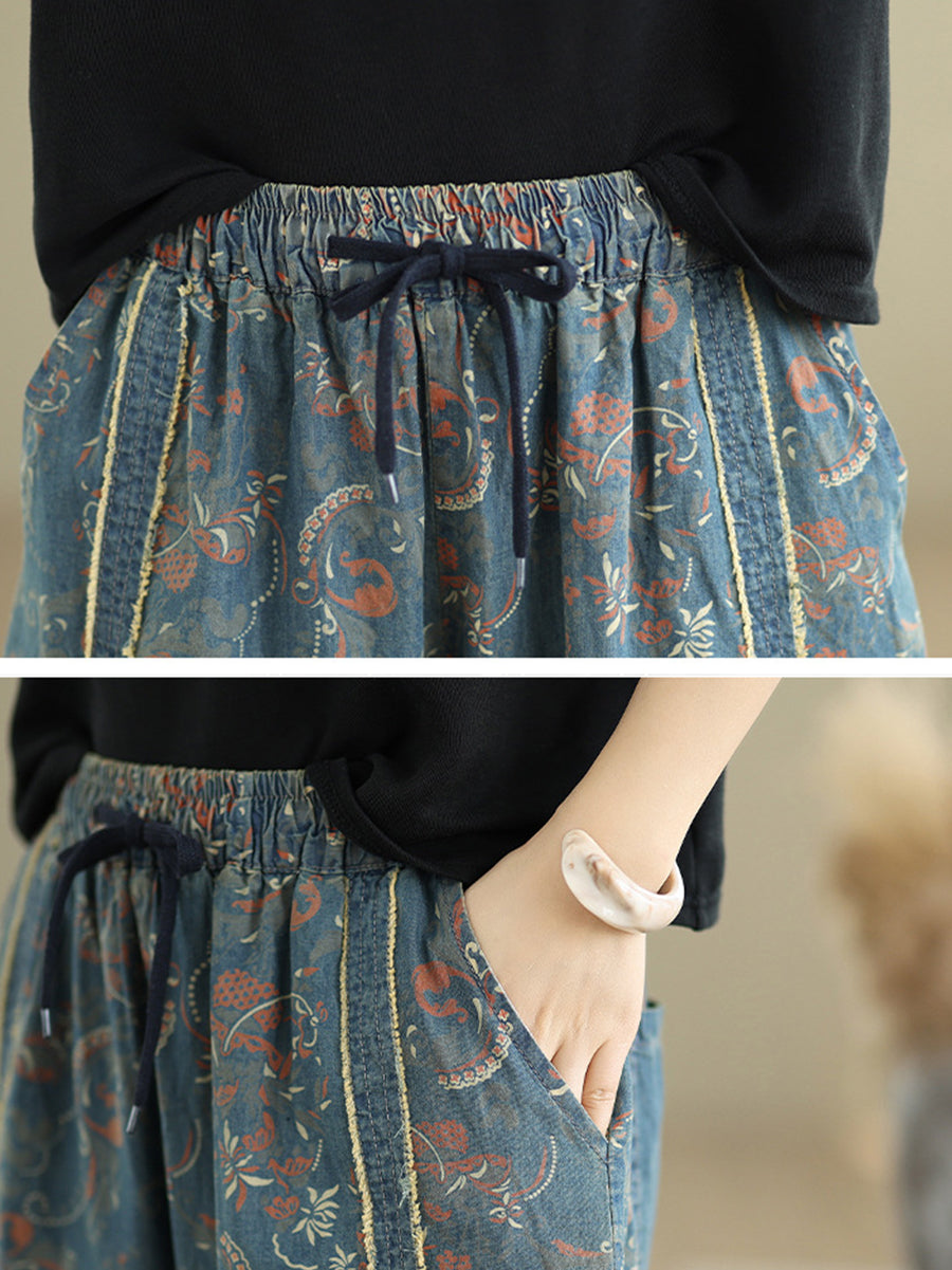 Denim Patchwork Pants Harem Women Retro Flower