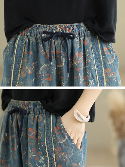 Denim Patchwork Pants Harem Women Retro Flower
