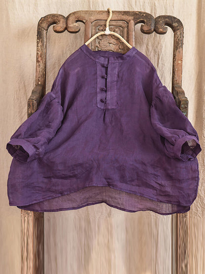 Women Vintage Solid 100%Ramie Summer Loose Shirt AS1047