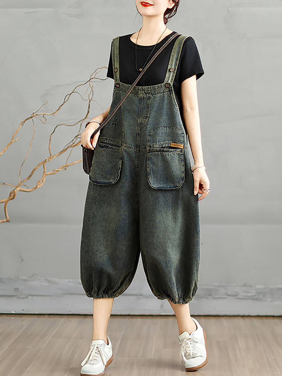 Jumpsuits Women Cropped Denim Pure Color Worn Summer