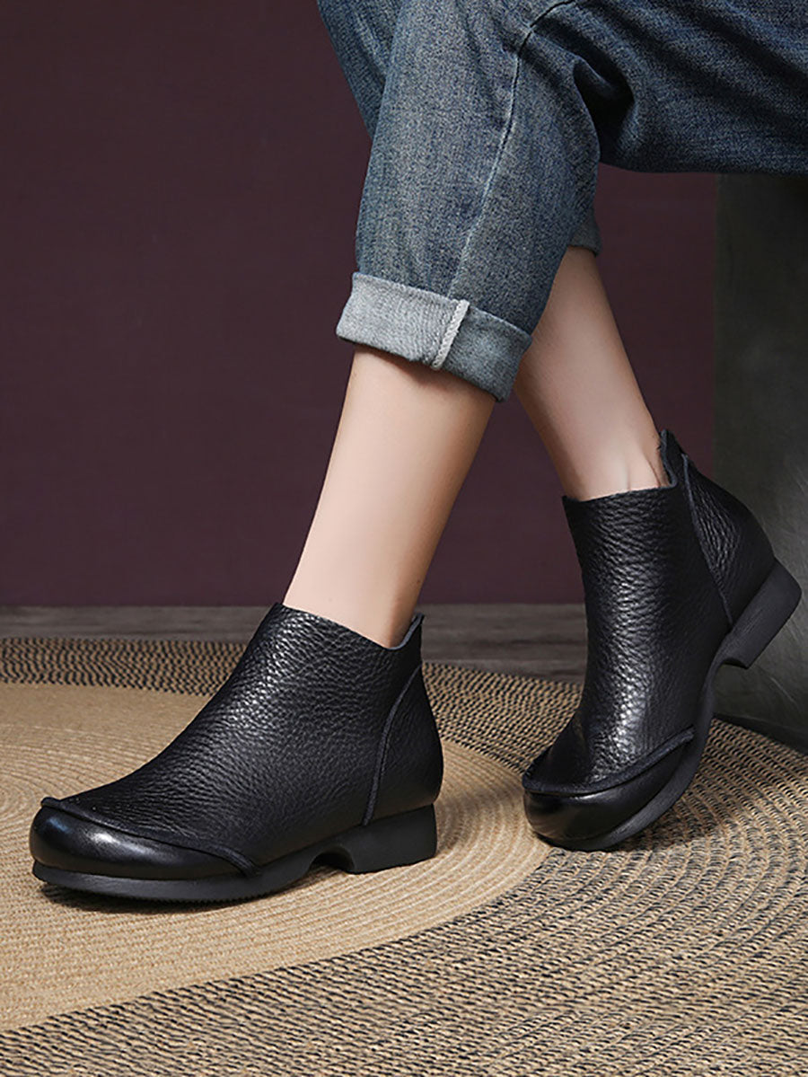 Women Elegant Solid Leather Spliced Low Heel Boots WG025