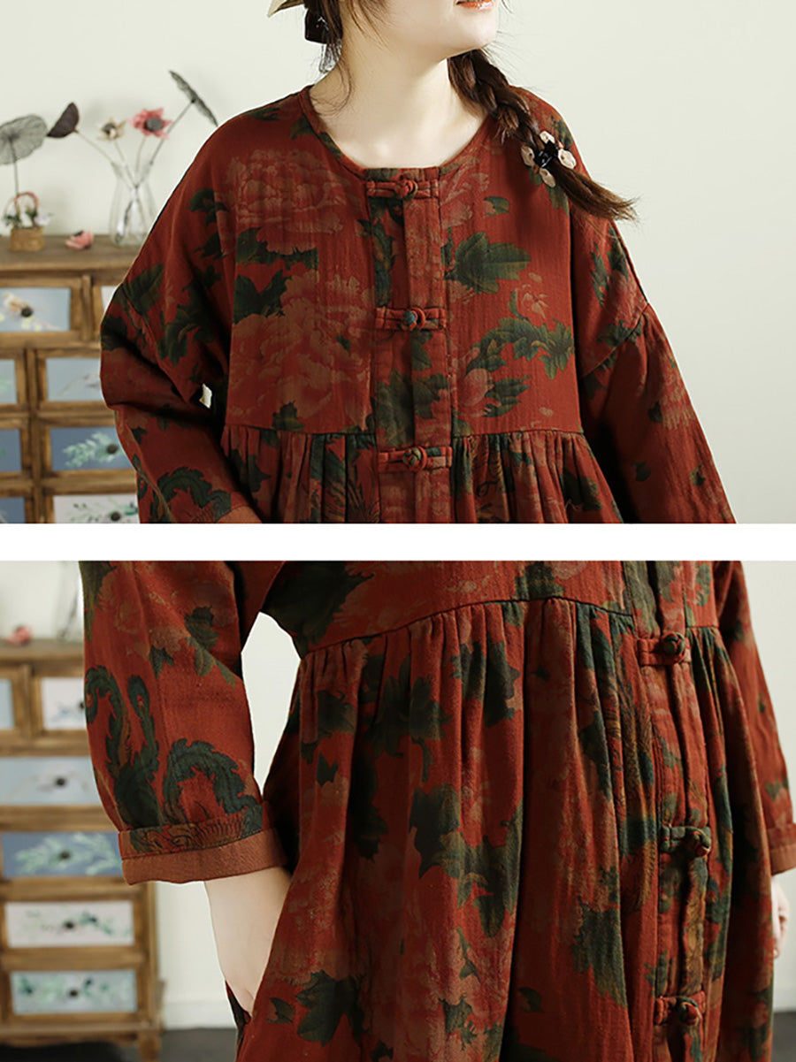 Women Ethnic Flower Button Linen Shirt Coat AI1017