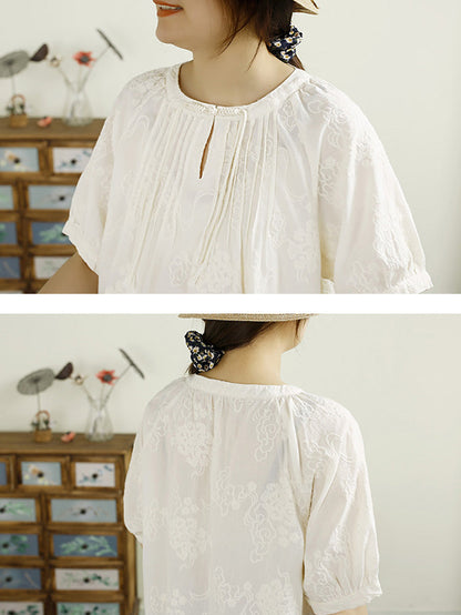 Women Summer Vintage Shirred Embroidery Cotton Shirt HH044