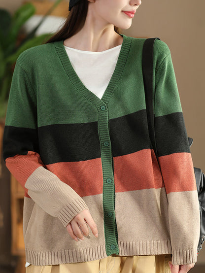 Women Autumn Colorblock V-Neck Knit Sweater AS1012