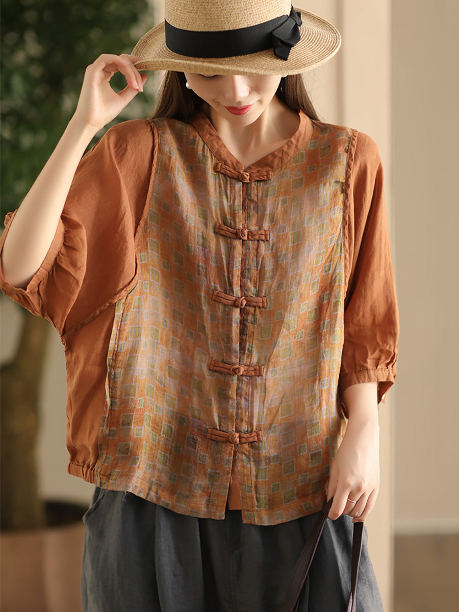 Women Summer Vintage Flower Spliced Button-up Ramie Shirt FD042