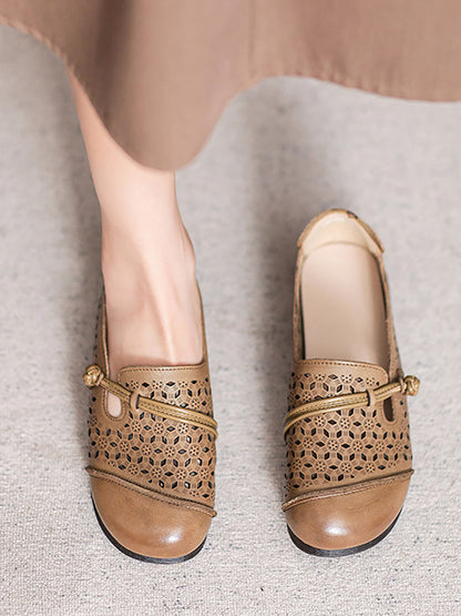 Women Summer Vintage Leather Cutout Soft Flat Shoes BN1038