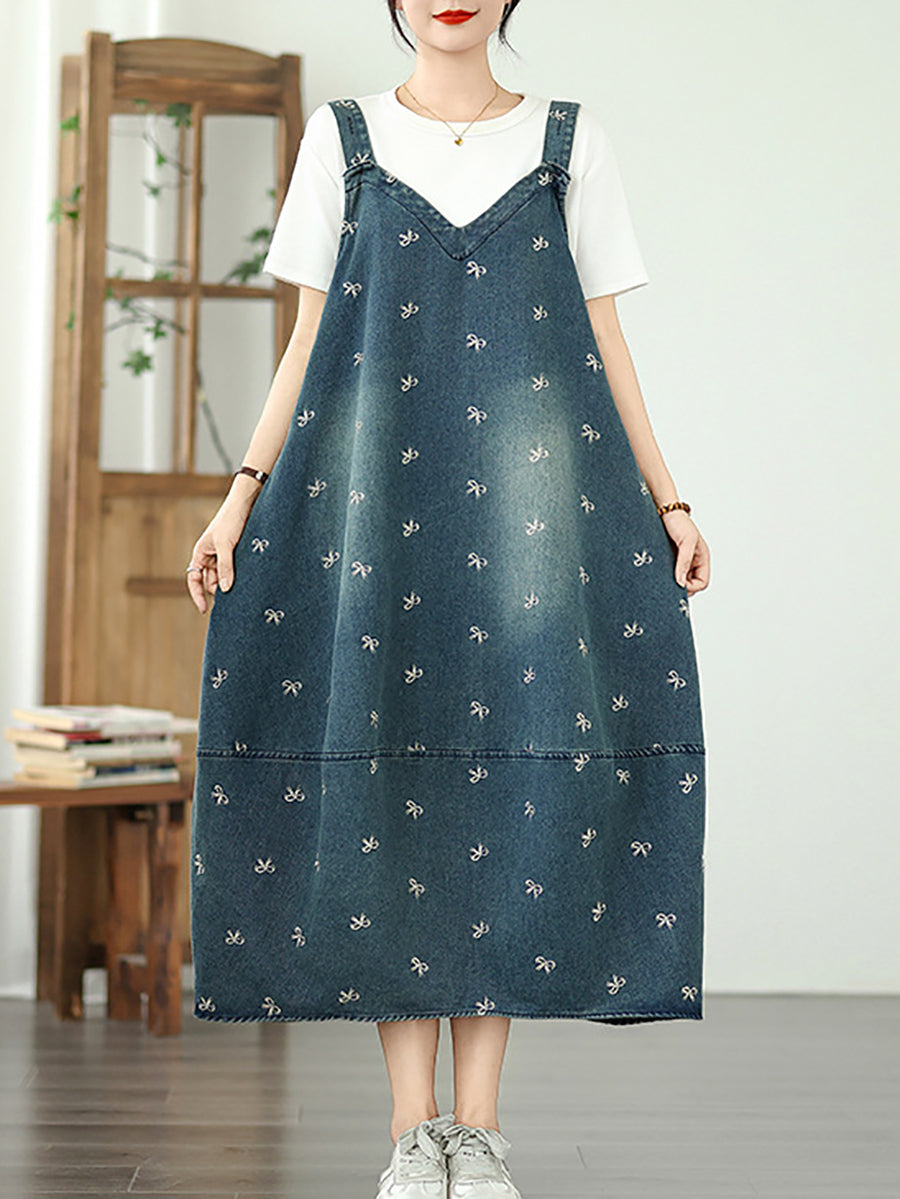 Dress Overall Denim Bowknot Women Summer Embroidery