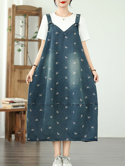 Dress Overall Denim Bowknot Women Summer Embroidery