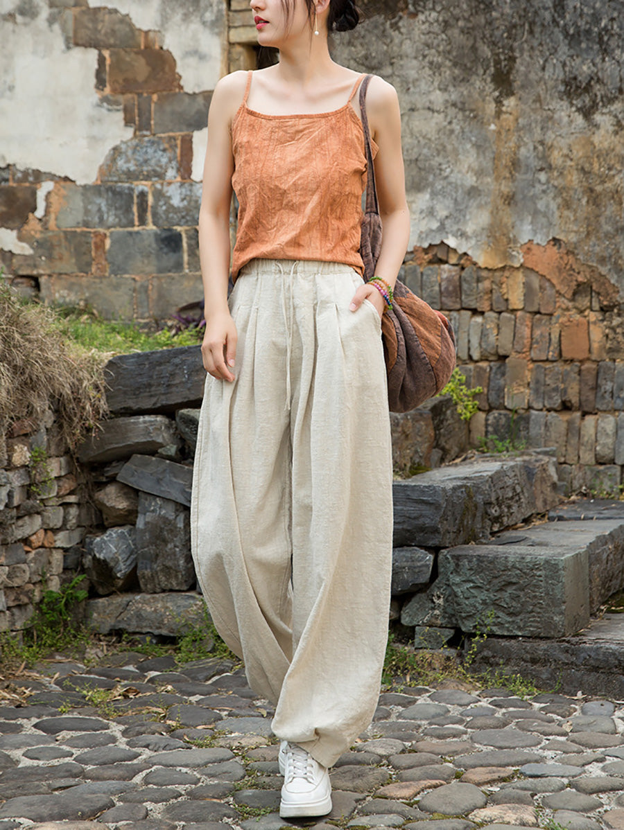 Women Pure Ramie Straight Worn Color Summer Pants