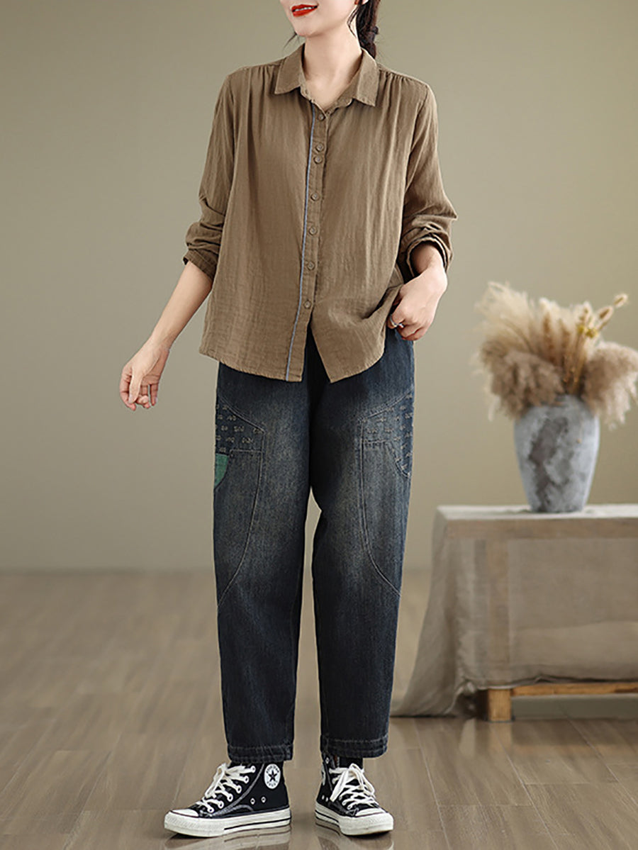 Women Autumn Spliced Casual Loose Denim Harem Pants AT1064