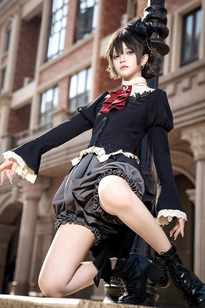 Prince Ouji Lolita Tailcoat Top and Shorts Set with Long Sleeves in Black