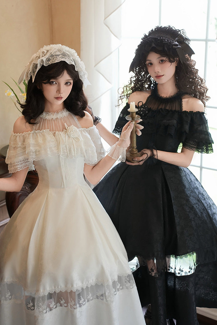 Elegant Lolita Dress with Off-Shoulder Neckline and Ruffle Print in Black