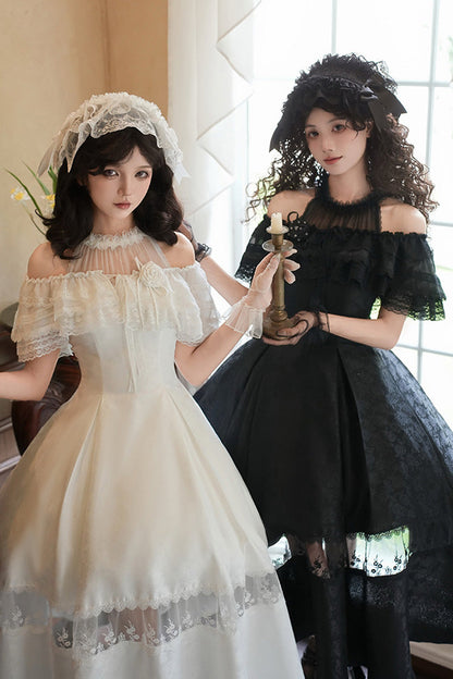 Elegant Lolita Dress with Off-Shoulder Neckline and Ruffle Print in Black