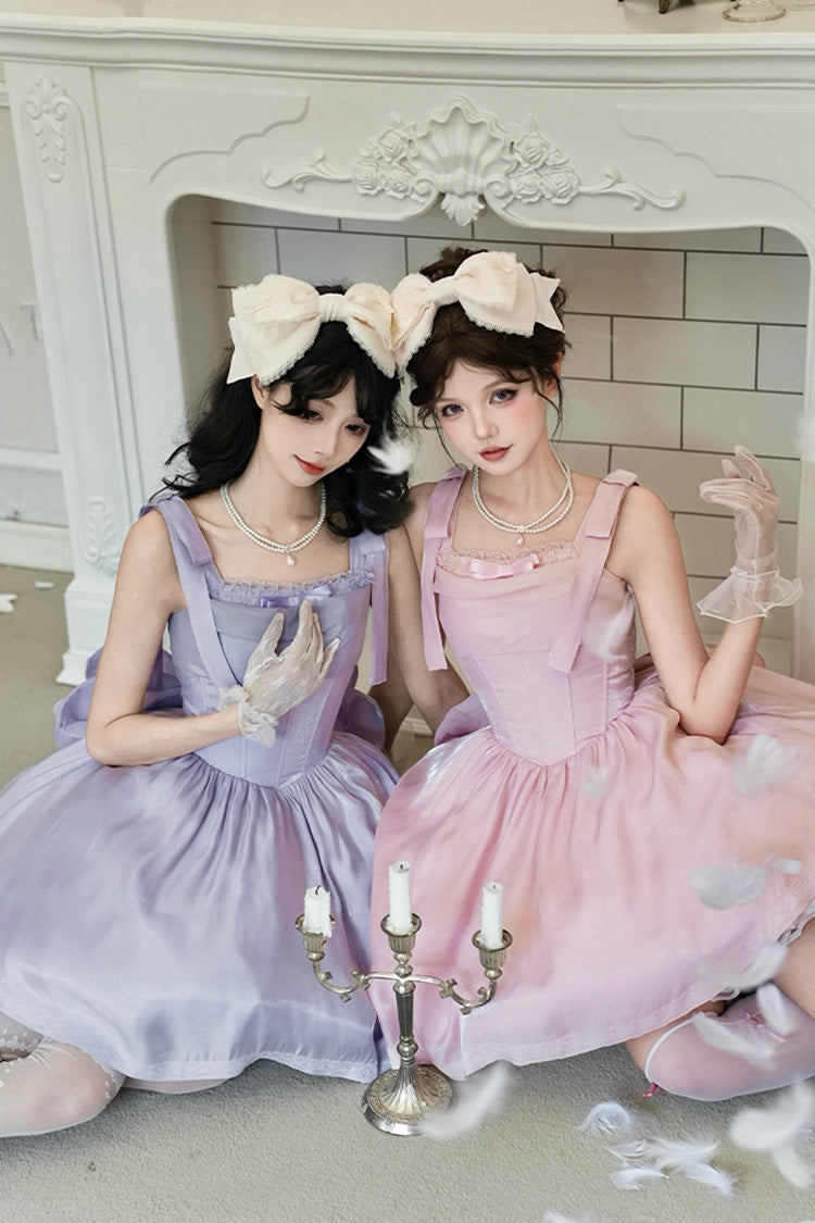 Blush Sleeveless Ruffle Bow Fishbone Sweet JSK - Foamy Sea