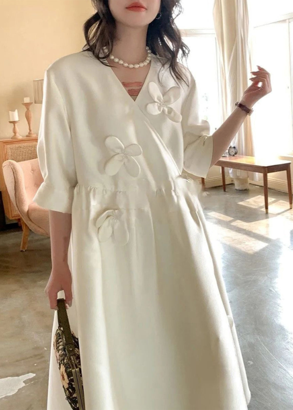 Neck Chic Summer Dress Long V Lace Floral Cotton White Up