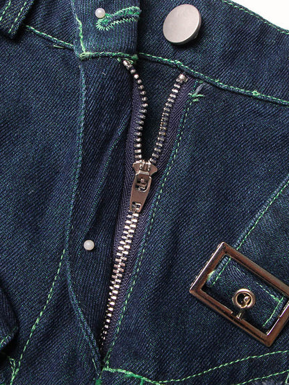 Denim Shiny Waisted Skirt A-Line Green Belted Chic High Tulle