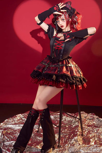 Crimson & Charcoal Floral Ruffle Laced Japanese Goth Princess JSK