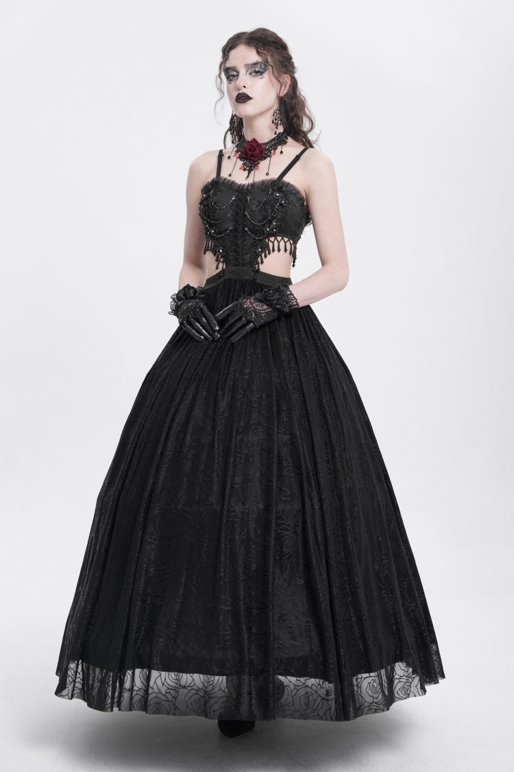 Women's Gothic Party Slip Dress with Floral Embroidery and Lace Ripped in Black Jacquard